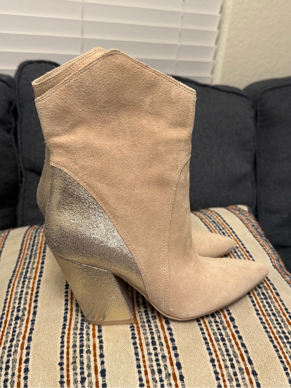 Dolce Vita Nude Suede Ankle Boots with Metallic Gold Heel